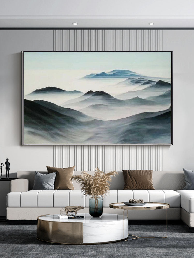 Misty Mountain Landscape Oil Painting for Serene Home Decor