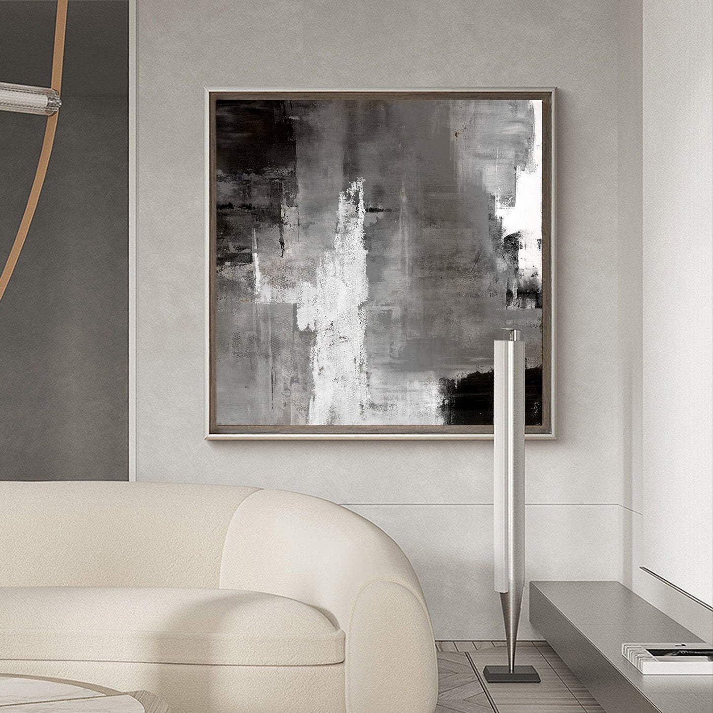 Monochrome Abstract Landscape Oil Painting in Black and White for Modern Decor