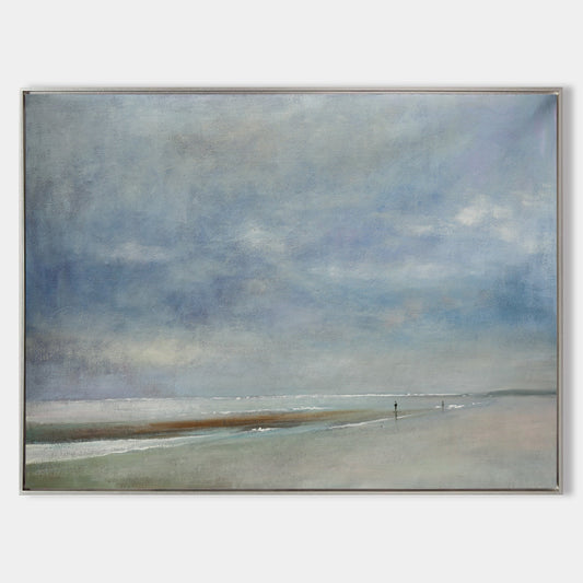 Serene Coastal Landscape Oil Painting - Tranquil Beach and Cloudy Sky Artwork