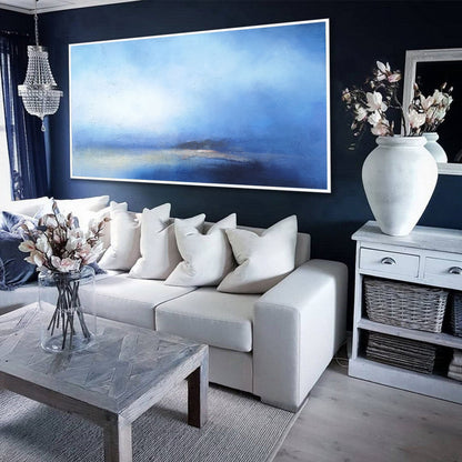 Serene Blue Ocean Horizon Abstract Oil Painting for Tranquil Home Decor