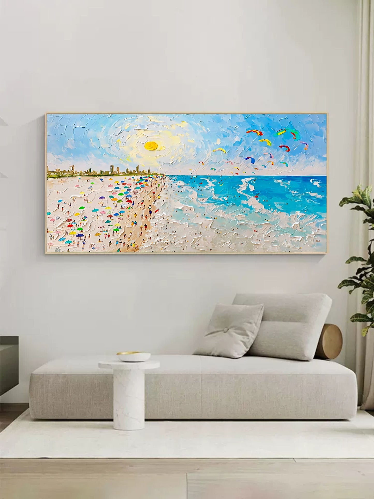 Vibrant Beach Scene with Colorful Umbrellas and Kites - Serene Summer Escape