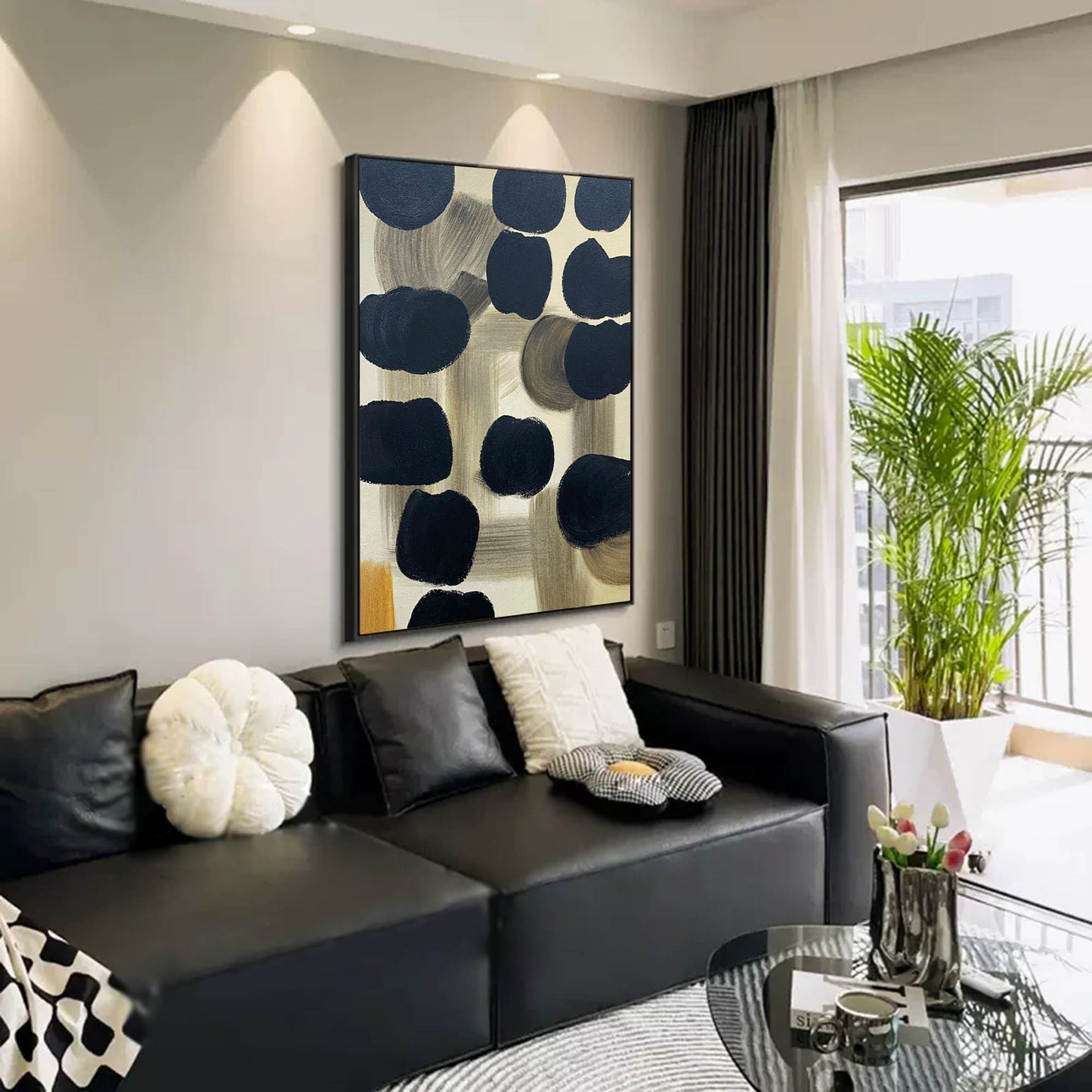 Contemporary Black and Beige Geometric Abstract Oil Painting for Modern Decor