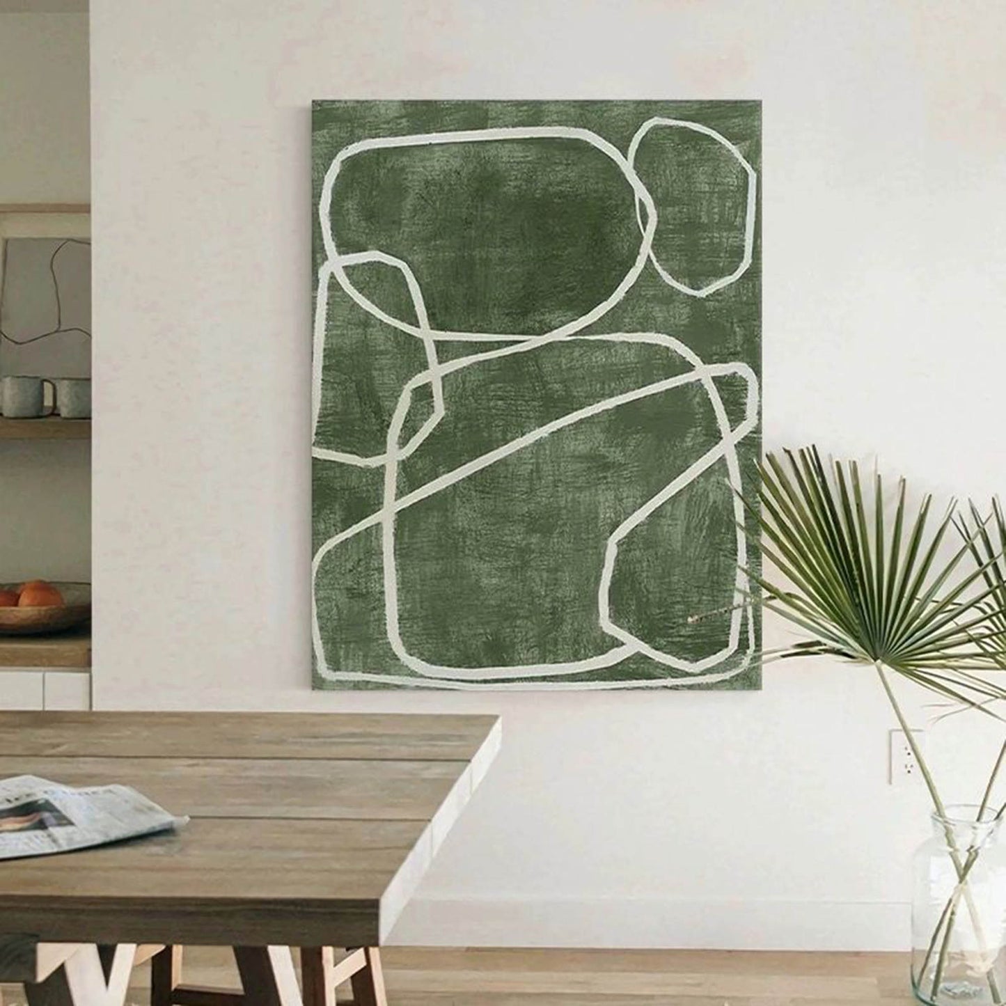 Abstract Green Oil Painting with Bold White Lines for Modern Home Decor
