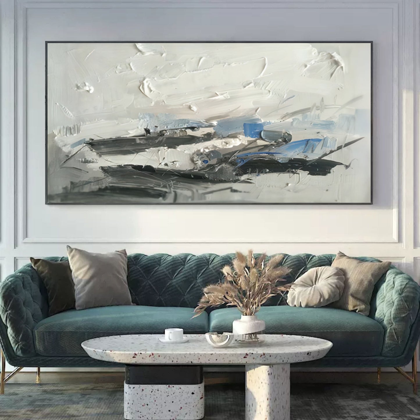 Abstract Textured Oil Painting in Blue and White - Contemporary Wall Art