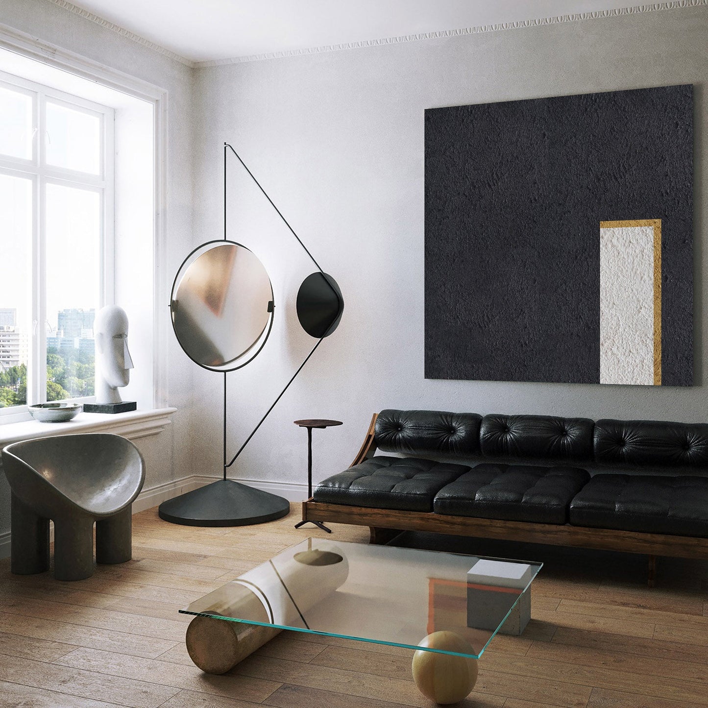 Elegant Minimalist Black White Gold Oil Painting for Contemporary Decor