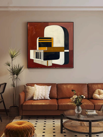 Modern Vintage Abstract Oil Painting with Bold Geometric Shapes and Warm Tones