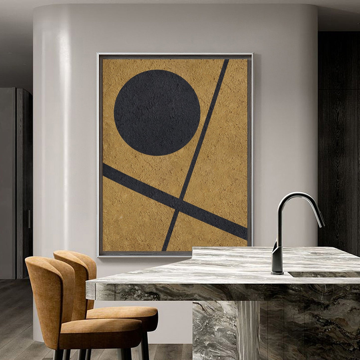 Elegant Black and Gold Abstract Minimalist Oil Painting for Modern Decor