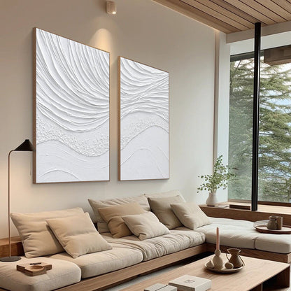 Serene Abstract White Textured Wall Art - Set of Two Oil Paintings for Modern Decor