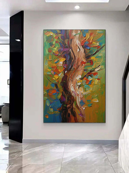 Vibrant Abstract Tree Oil Painting with Colorful Leaves and Textured Brushstrokes