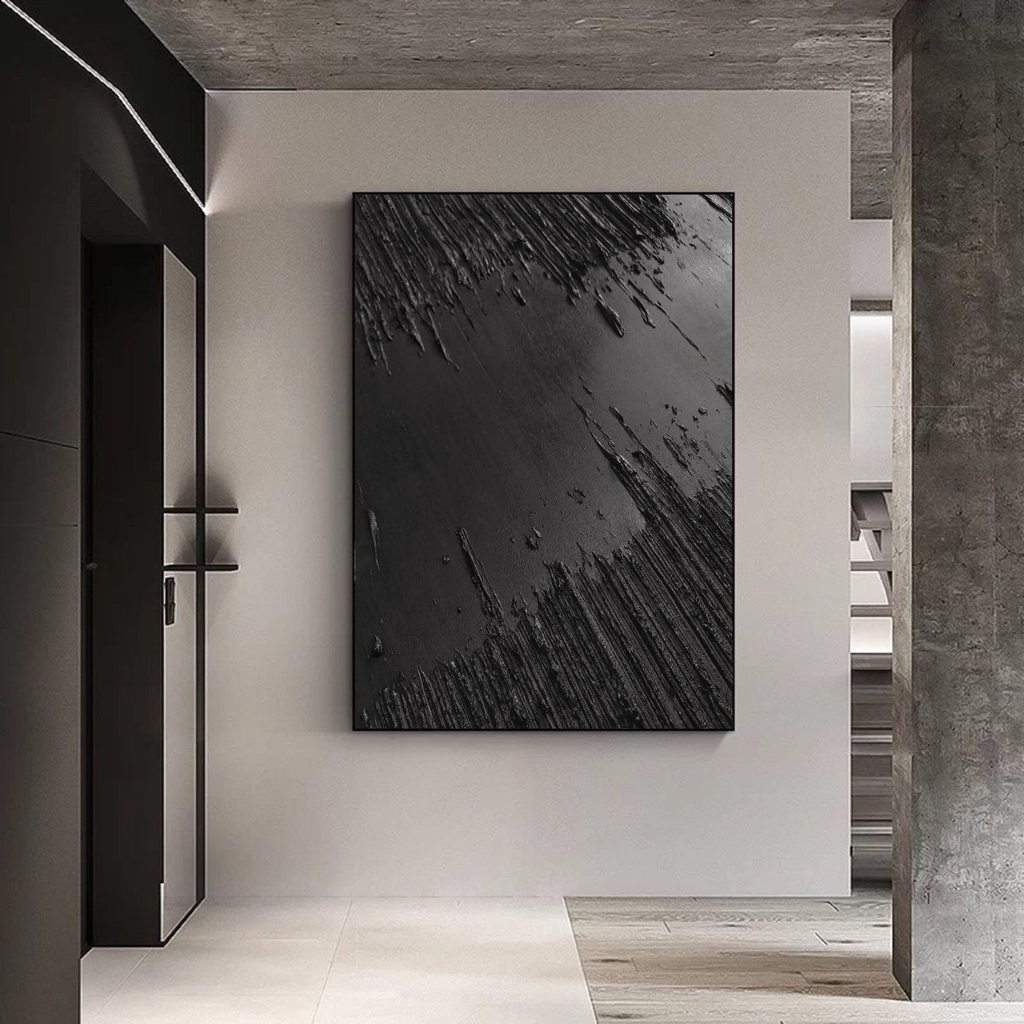 Textured Black Abstract Oil Painting for Modern Monochrome Home Decor