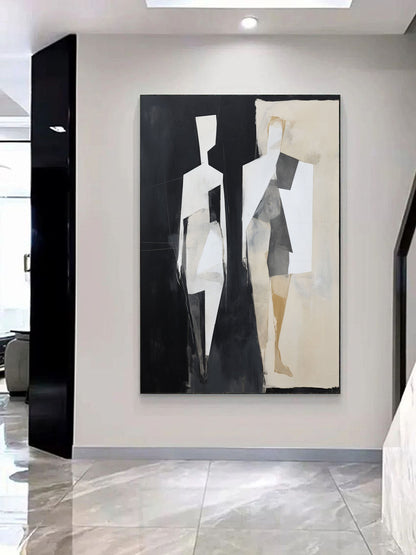 Abstract Minimalist Oil Painting of Elegant Human Forms in Black and White