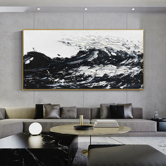 Dynamic Black and White Wave Oil Painting for Modern Home Decor
