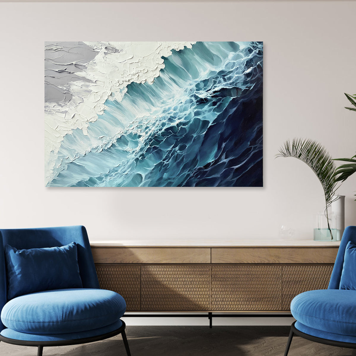 Tranquil Blue and Green Abstract Ocean Wave Oil Painting for Modern Home Decor