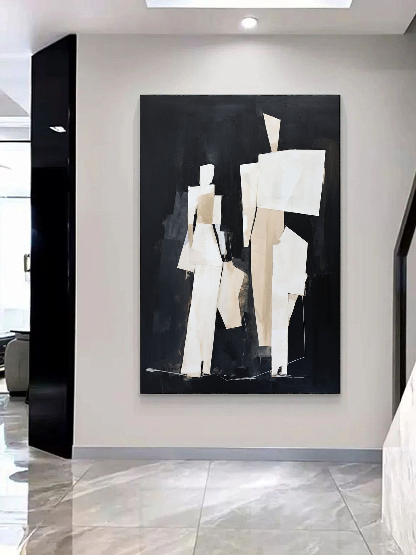 Abstract Minimalist Oil Painting of Figures in Neutral Tones and Dark Background