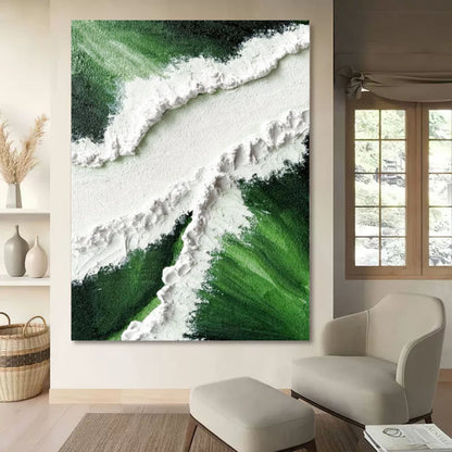 Textured Green and White Abstract Oil Painting for Modern Home Decor