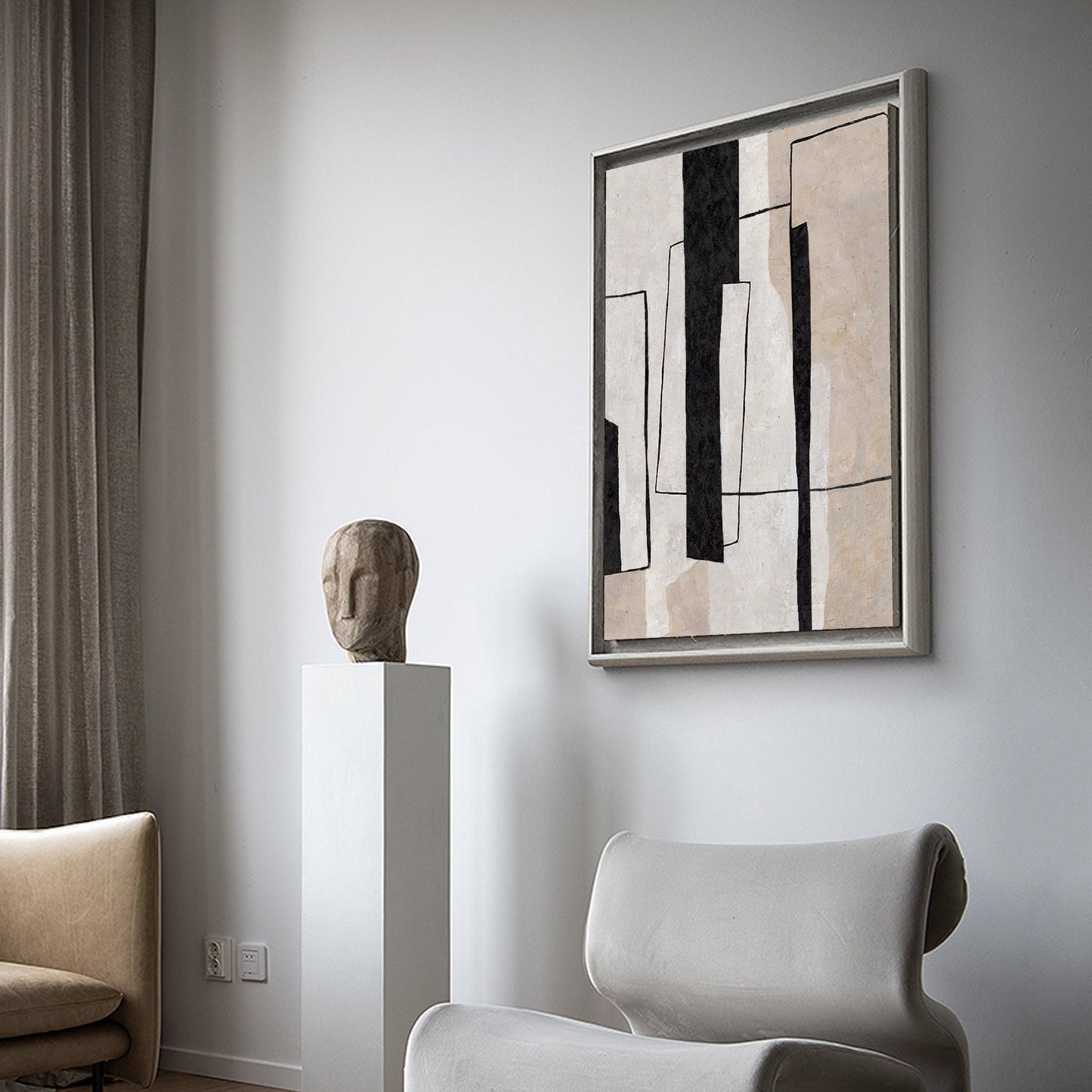 Contemporary Black and White Geometric Oil Painting for Modern Home Decor