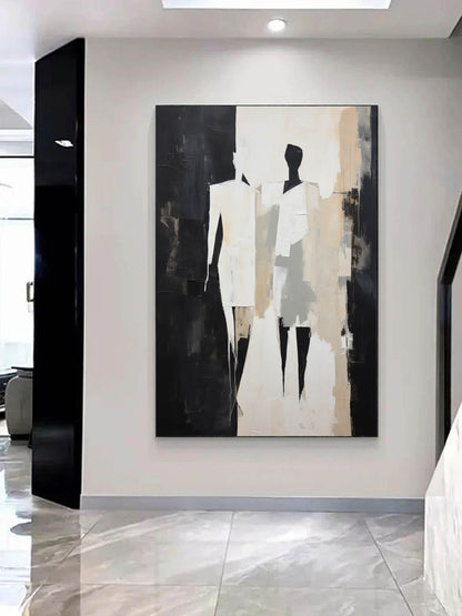 Abstract Figures in Black and White Minimalist Oil Painting for Modern Home Decor