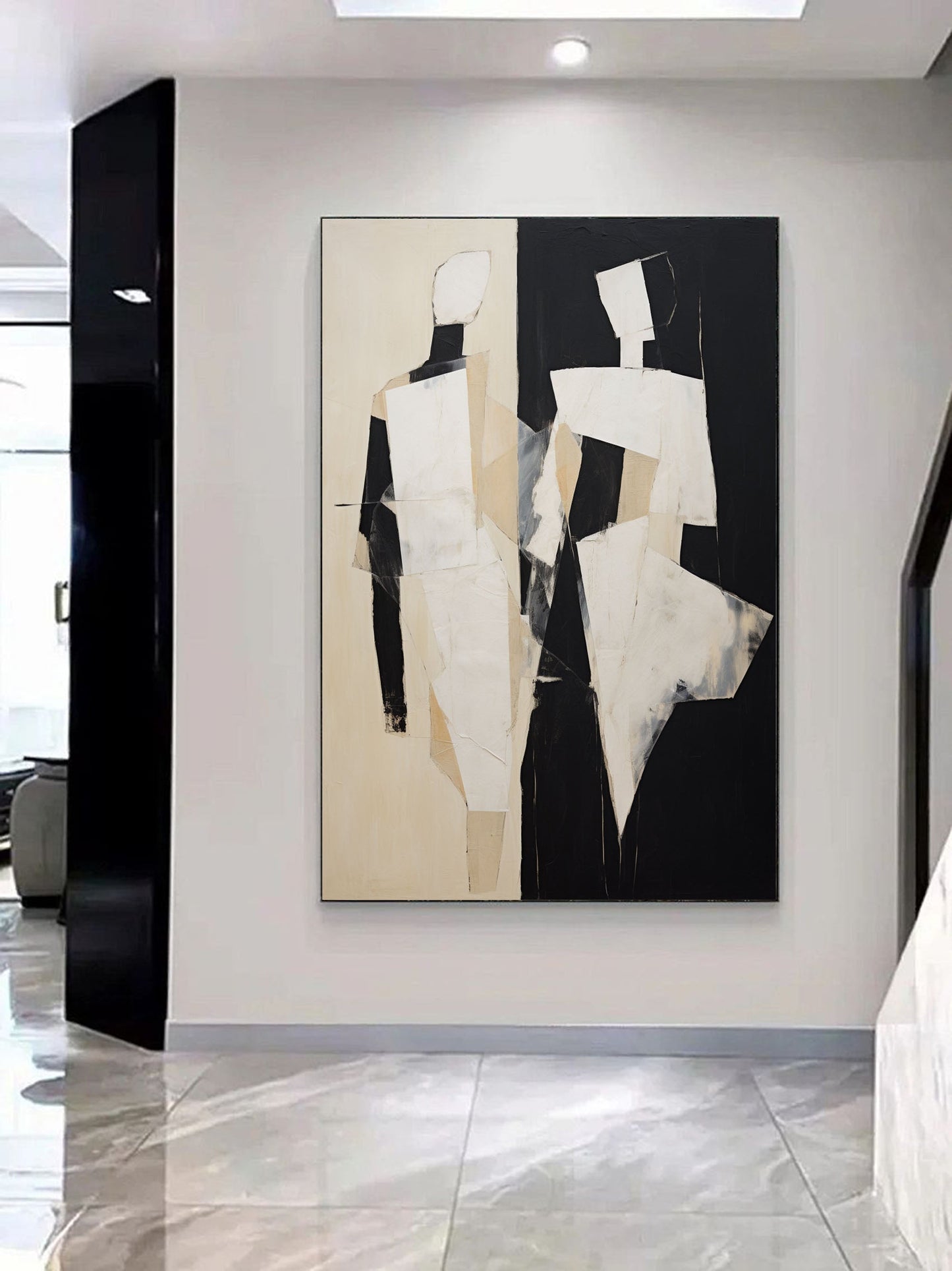 Abstract Minimalist Oil Painting with Elegant Figures in Bold Black and White