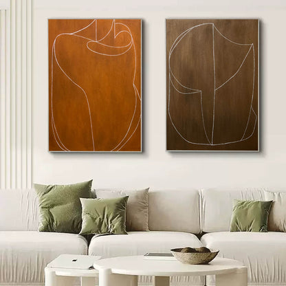 Abstract Earth Tone Oil Painting with Dynamic White Lines for Modern Decor