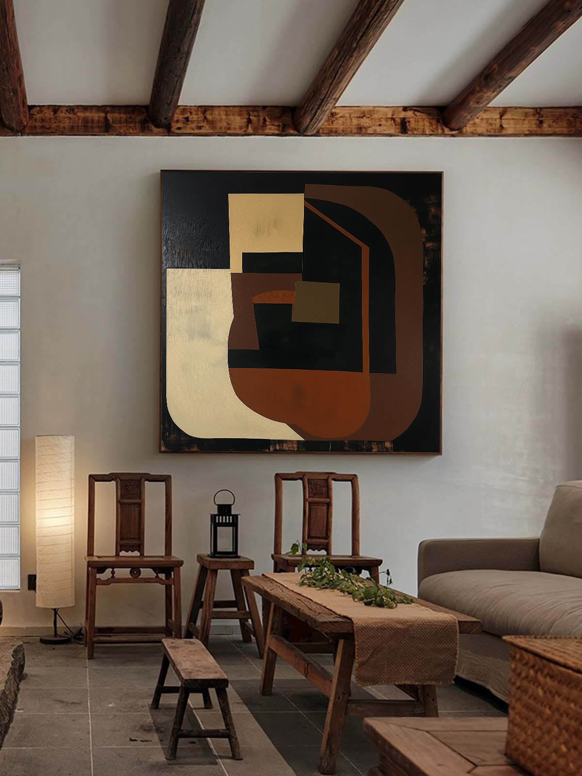 Modern Vintage Abstract Oil Painting with Earthy Tones and Unique Design