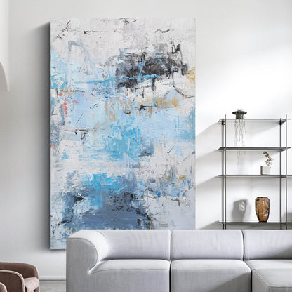 Serene Blue and White Abstract Landscape Oil Painting for Modern Decor