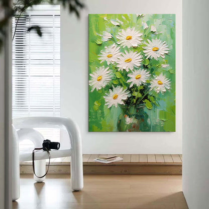 Vibrant Daisy Bouquet Oil Painting in Green and White for Bright Home Decor