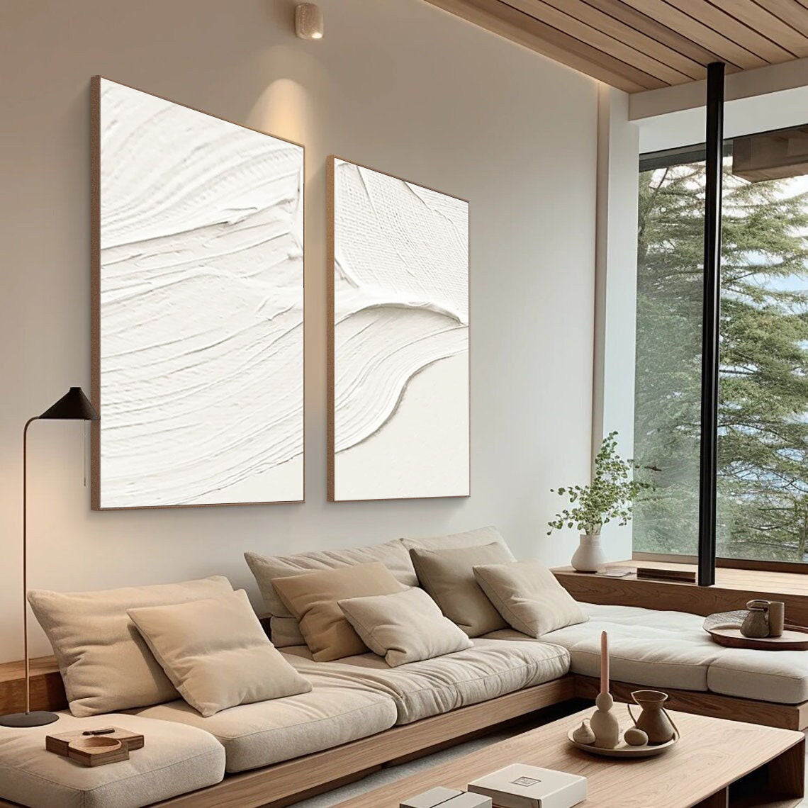 Elegant White Minimalist Abstract Oil Painting Duo for Modern Home Decor