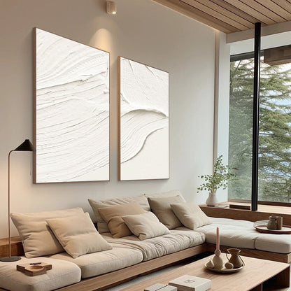 Elegant White Minimalist Abstract Oil Painting Duo for Modern Home Decor