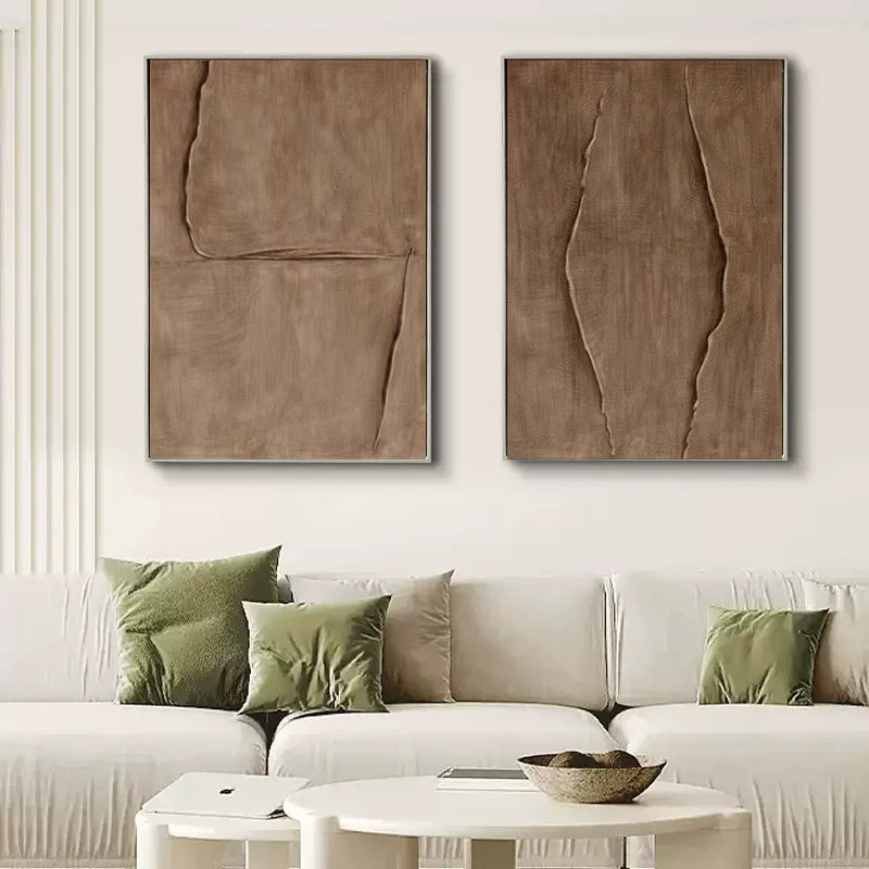 Textured Brown Abstract Oil Painting Pair for Modern Decor