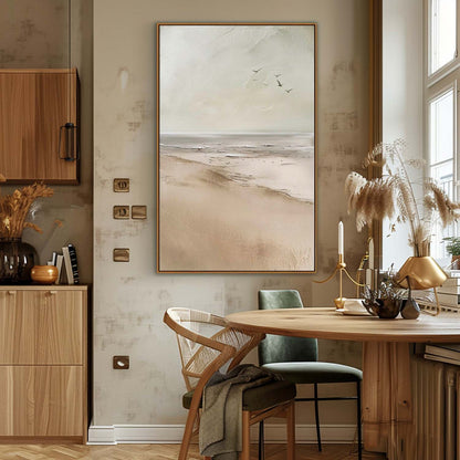 Serene Coastal Landscape Oil Painting with Soft Hues and Gentle Waves