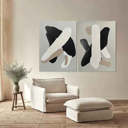 Contemporary Black and White Abstract Oil Painting Duo for Modern Decor