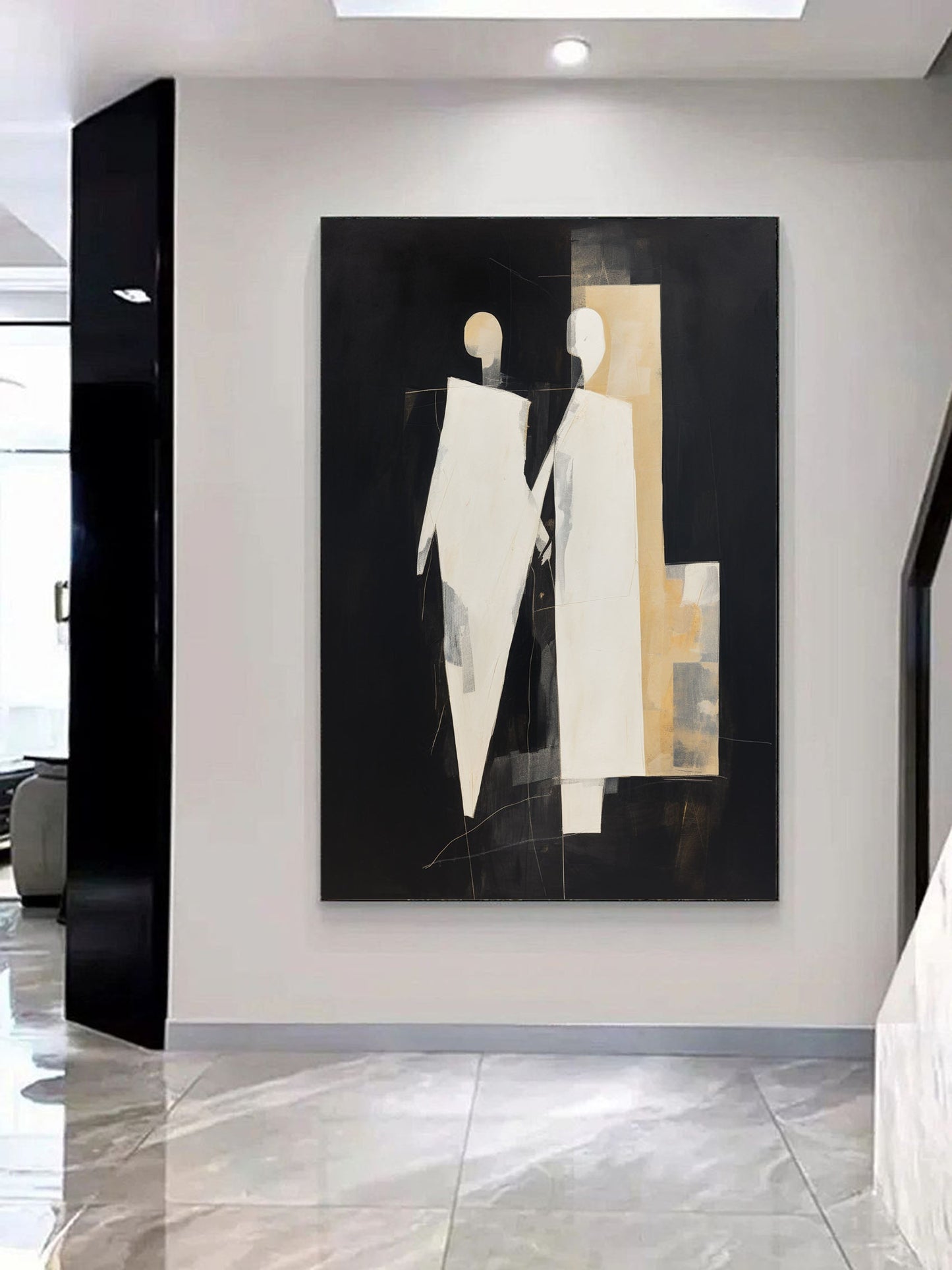 Abstract Minimalist Oil Painting of Figures in Elegant Black and White