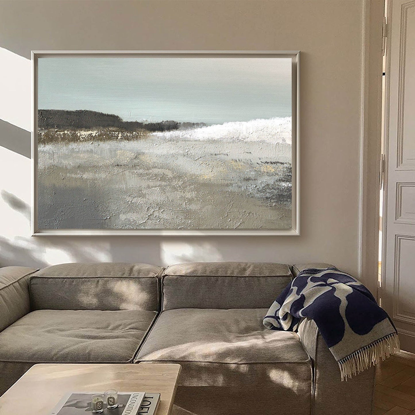 Serene Coastal Landscape Oil Painting with Soft Waves and Tranquil Tones