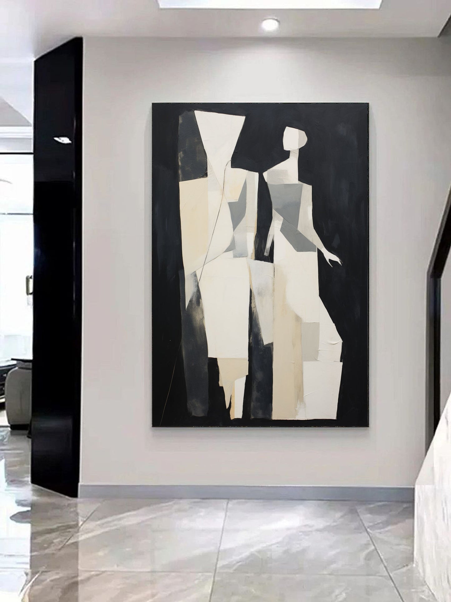 Abstract Minimalist Oil Painting of Stylized Figures in Black and White