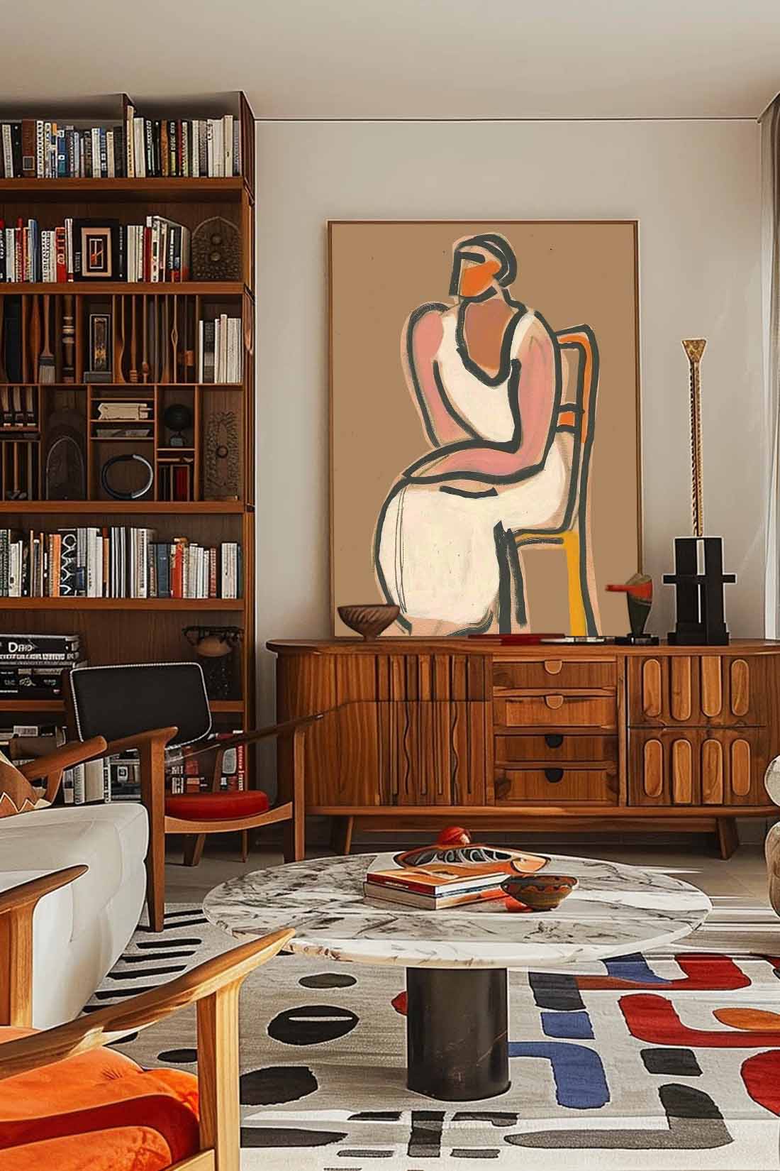 Stylized Vintage Woman Sitting - Unique Modern Oil Painting for Home Decor