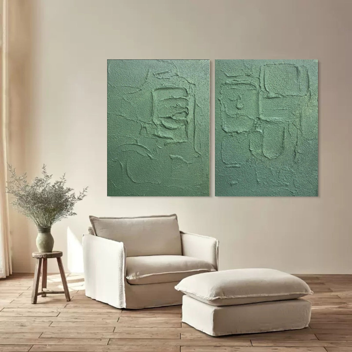 Textured Green Abstract Oil Painting Duo for Modern Home Decor