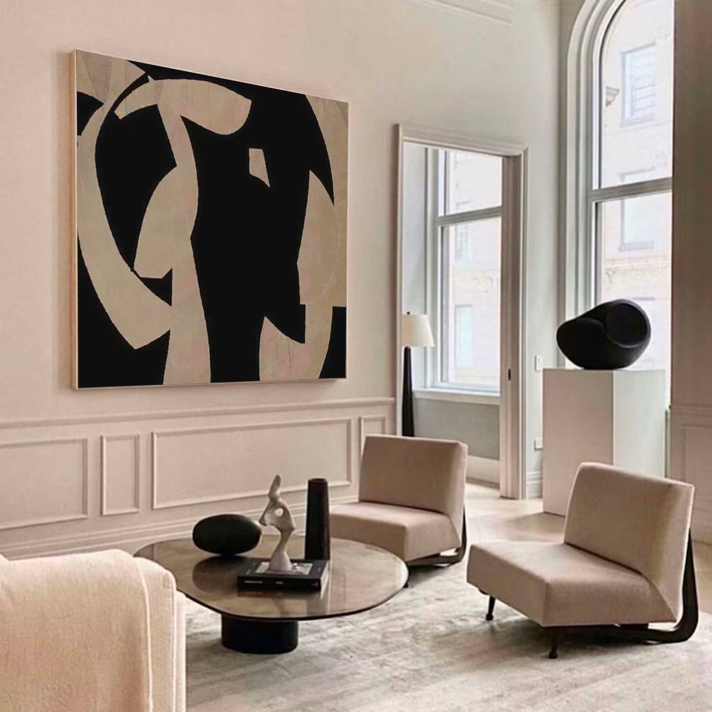 Sleek Black and Beige Minimalist Abstract Oil Painting for Modern Home Decor