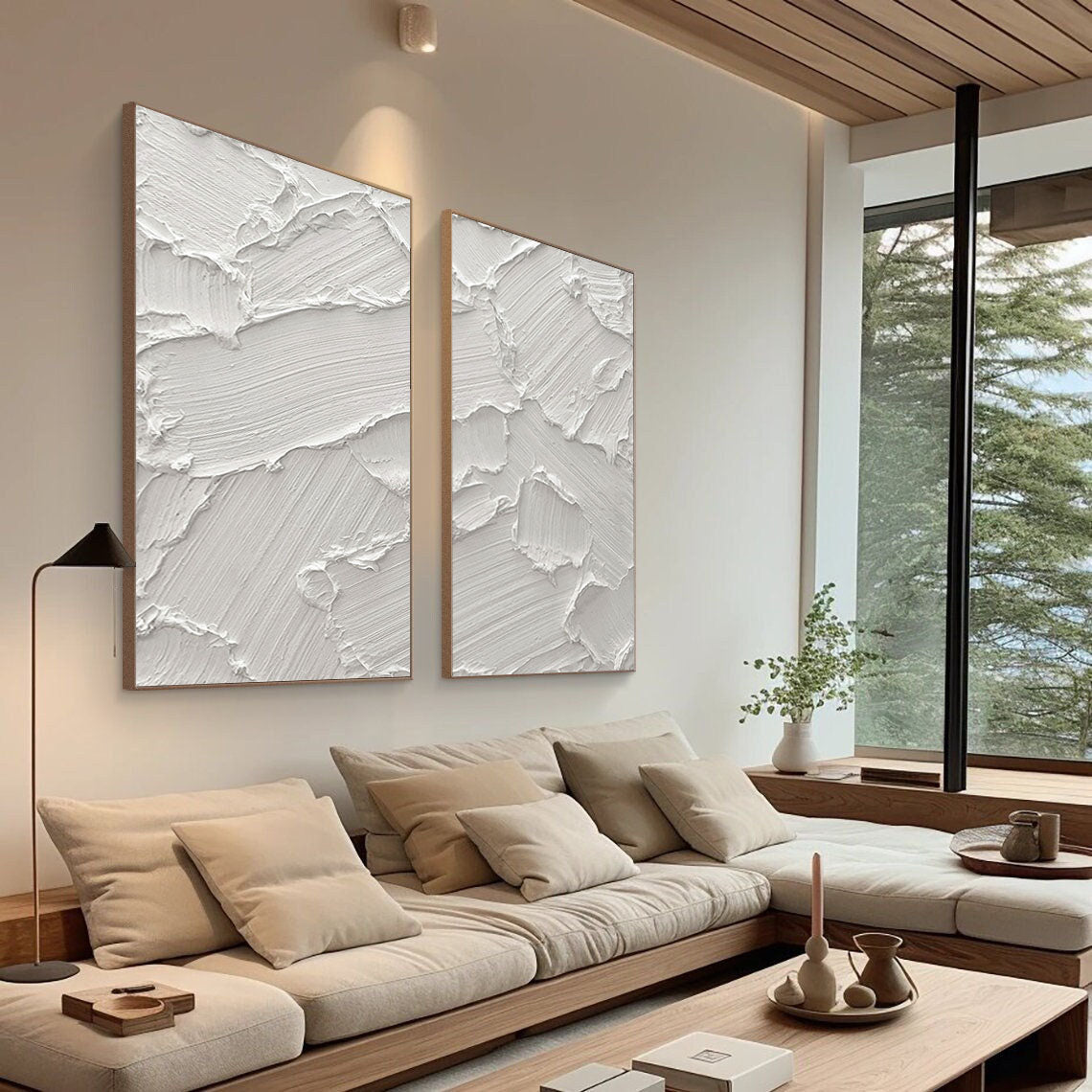 Textured White Abstract Oil Painting Duo for Modern Home Decor