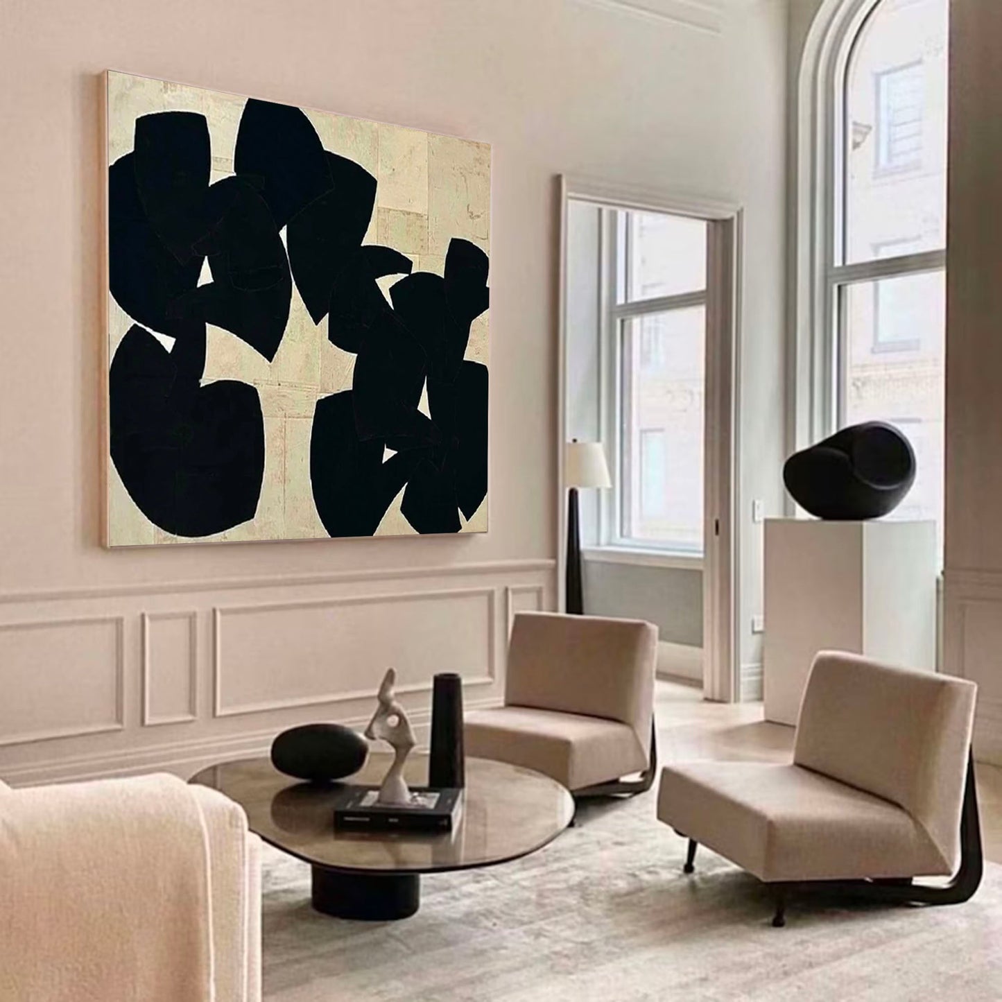 Contemporary Minimalist Abstract Oil Painting with Bold Black Shapes