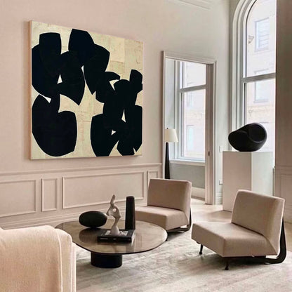 Contemporary Minimalist Abstract Oil Painting with Bold Black Shapes