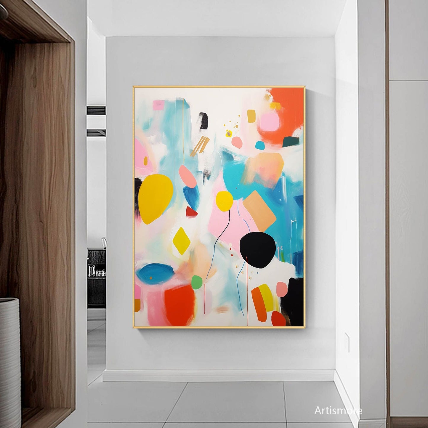 Vibrant Abstract Oil Painting with Colorful Shapes and Whimsical Patterns for Modern Decor