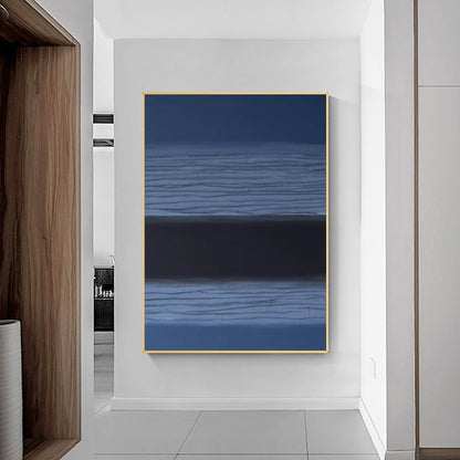 Abstract Minimalist Oil Painting in Deep Blue and Black for Modern Home Decor