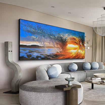 Vibrant Sunset Wave Over Ocean - Stunning Oil Painting for Beach Lovers