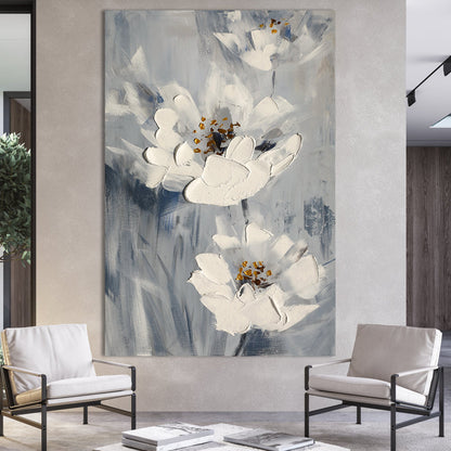 Elegant Floral Abstract Oil Painting with Textured White Blossoms