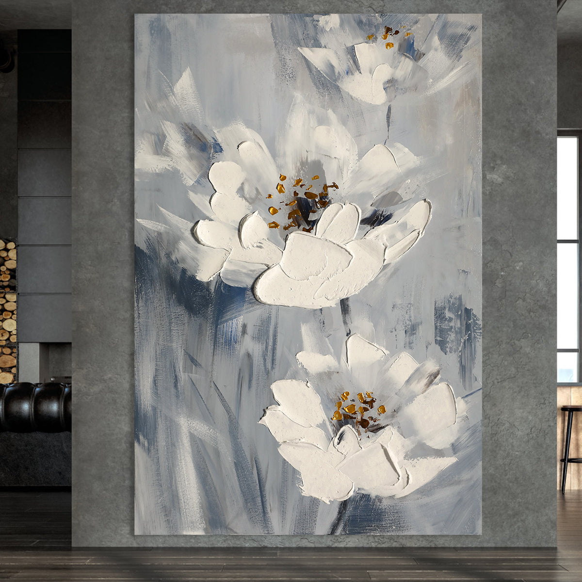 Elegant Floral Abstract Oil Painting with Textured White Blossoms