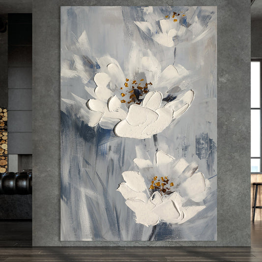 Elegant Floral Abstract Oil Painting with Textured White Blossoms