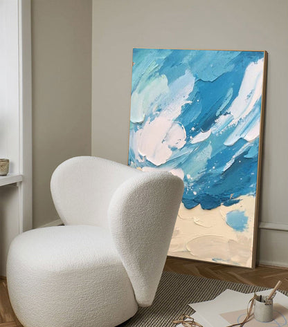 Serene Beach and Ocean Abstract Oil Painting for Coastal Home Decor