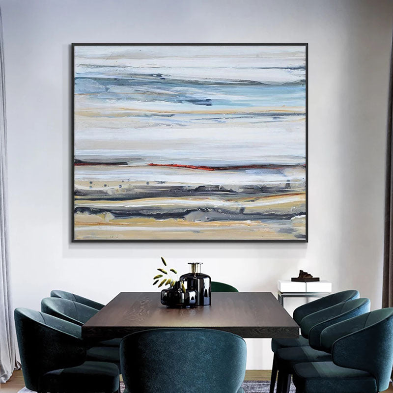 Whimsical Ocean Waves: Abstract Oil Painting of Blue and Beige Serenity