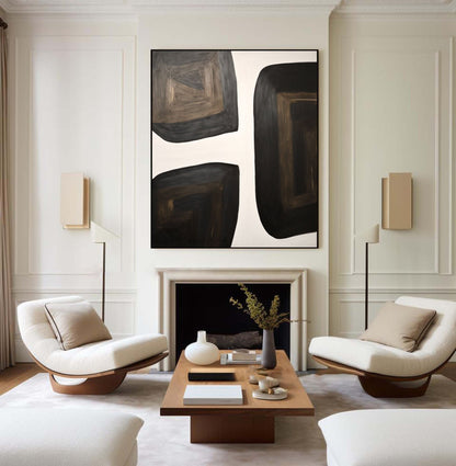 Modern Black and White Geometric Oil Painting for Contemporary Home Decor