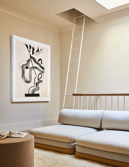 Abstract Minimalist Oil Painting of Faces and Vases for Modern Home Decor